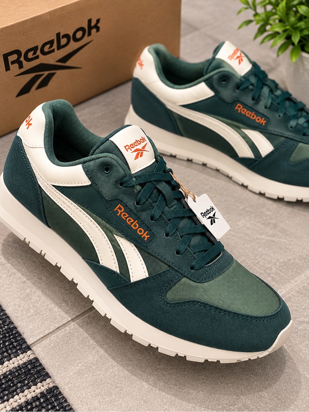 Reebok Men’s Green Classic Retro Sneakers Orange White Running Casual Shoes.